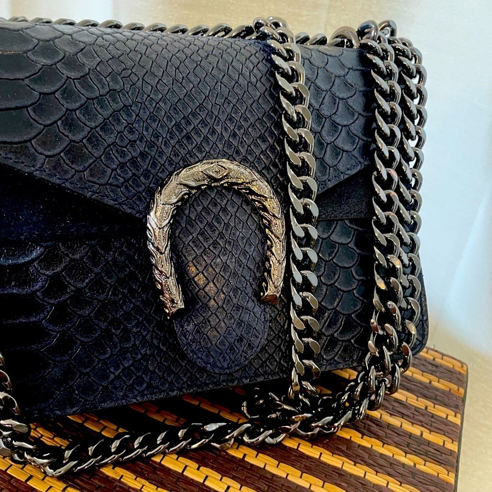 Black Textured Shoulder Bag with Gunmetal Chain